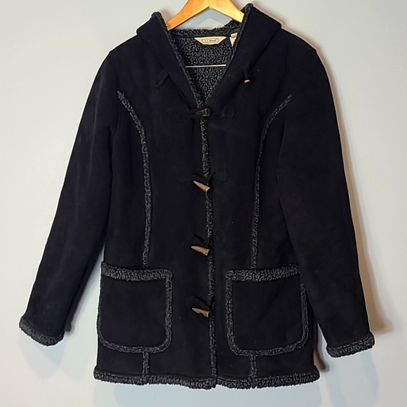 LL Bean Womens Black Duffle Coat Vintage Sherpa Y2K Winter Barn Size Medium 90s - Picture 1 of 10